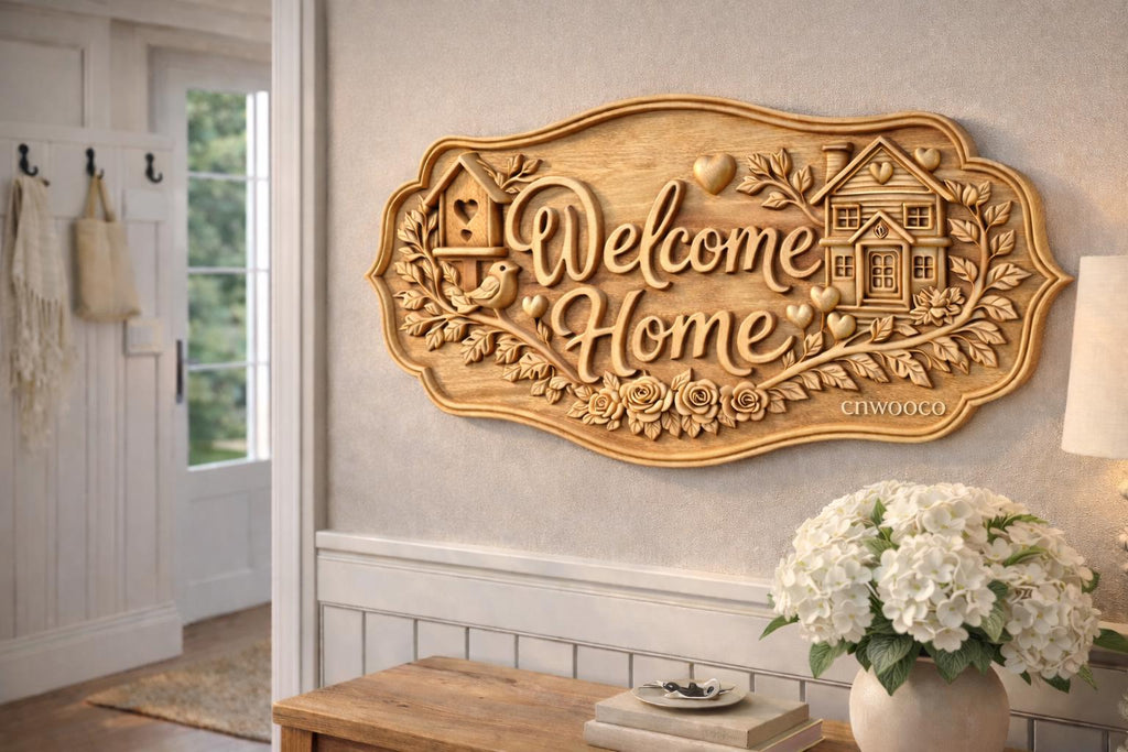 CNC-Datei Willkommens-Schild floral, Holz-Basrelief Haustür, Wanddekoration, Empfangsschild, 3D-Gravur STL-Modell