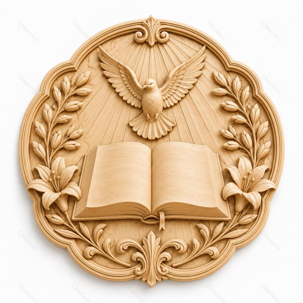 CNC & impression 3D relief colombe du Saint-Esprit avec livre ouvert, fichier STL très haute qualité