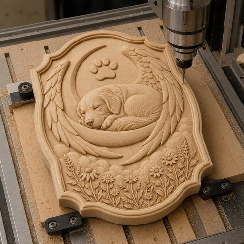 CNC & impression 3D relief chien dormant avec lune et ailes, mémorial animal, fichier STL très haute qualité