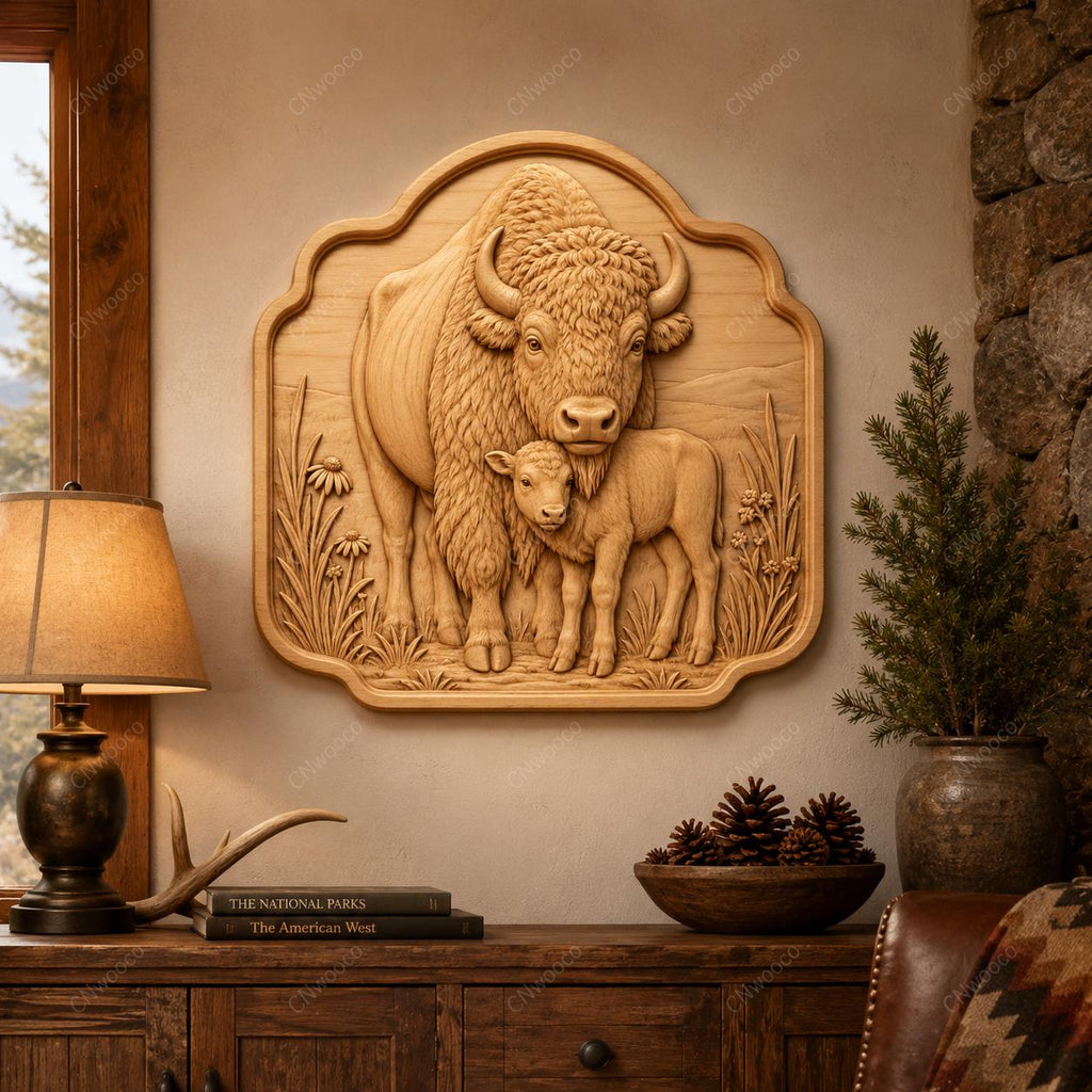 CNC & 3D-Druck Bison & Kalb, Western Wildlife Datei für Holzgravur, hochwertiges STL