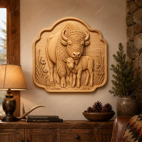 CNC & impression 3D relief bison et petit, fichier western wildlife pour gravure bois, STL de haute qualité