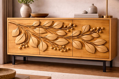 Fichier CNC panneau texture bois feuilles – bas-relief motif nature pour sculpture bois, design façade meuble et décoration murale STL