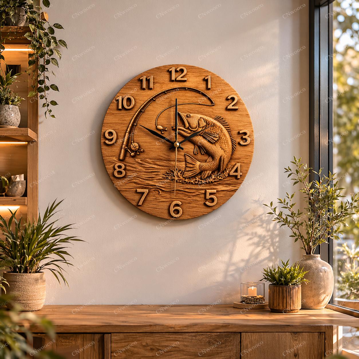 Fichier CNC horloge pêche bass – bas-relief poisson pour sculpture bois, décoration murale pêcheur STL