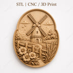 CNC & 3D-Druck, Relief ländliche Mühle mit Zaun und Blumen, STL-Datei sehr hohe Qualität