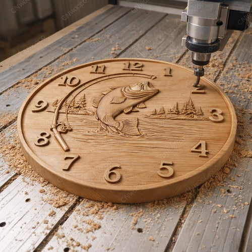 Fichier CNC horloge pêche bass – bas-relief poisson pour sculpture bois, décoration murale pêcheur STL
