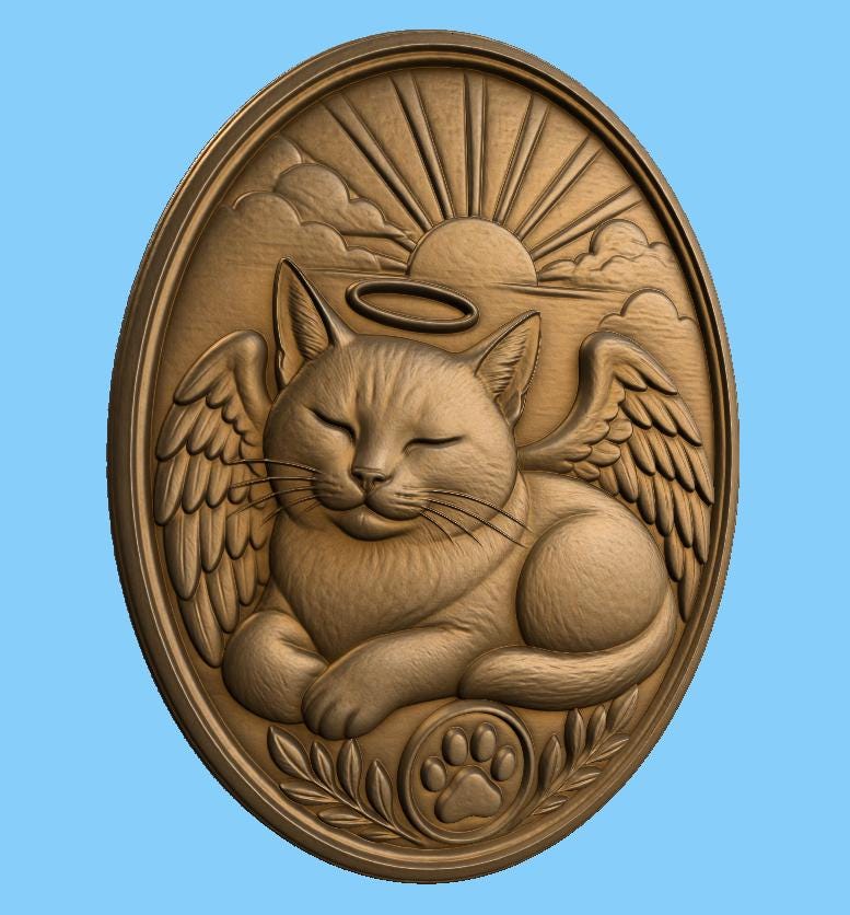 CNC & impression 3D chat ange mémorial STL, relief animal de compagnie pour souvenir et sculpture bois