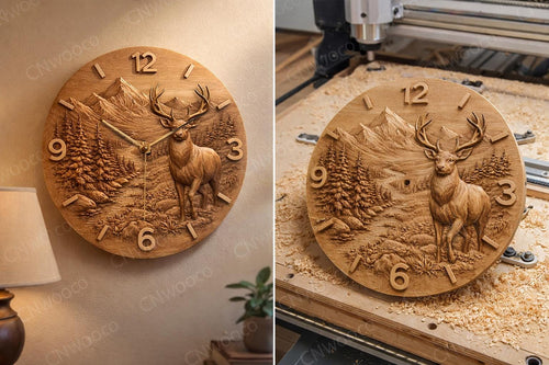 Fichier CNC horloge cerf montagne – bas-relief paysage forêt pour sculpture bois, décoration murale rustique STL