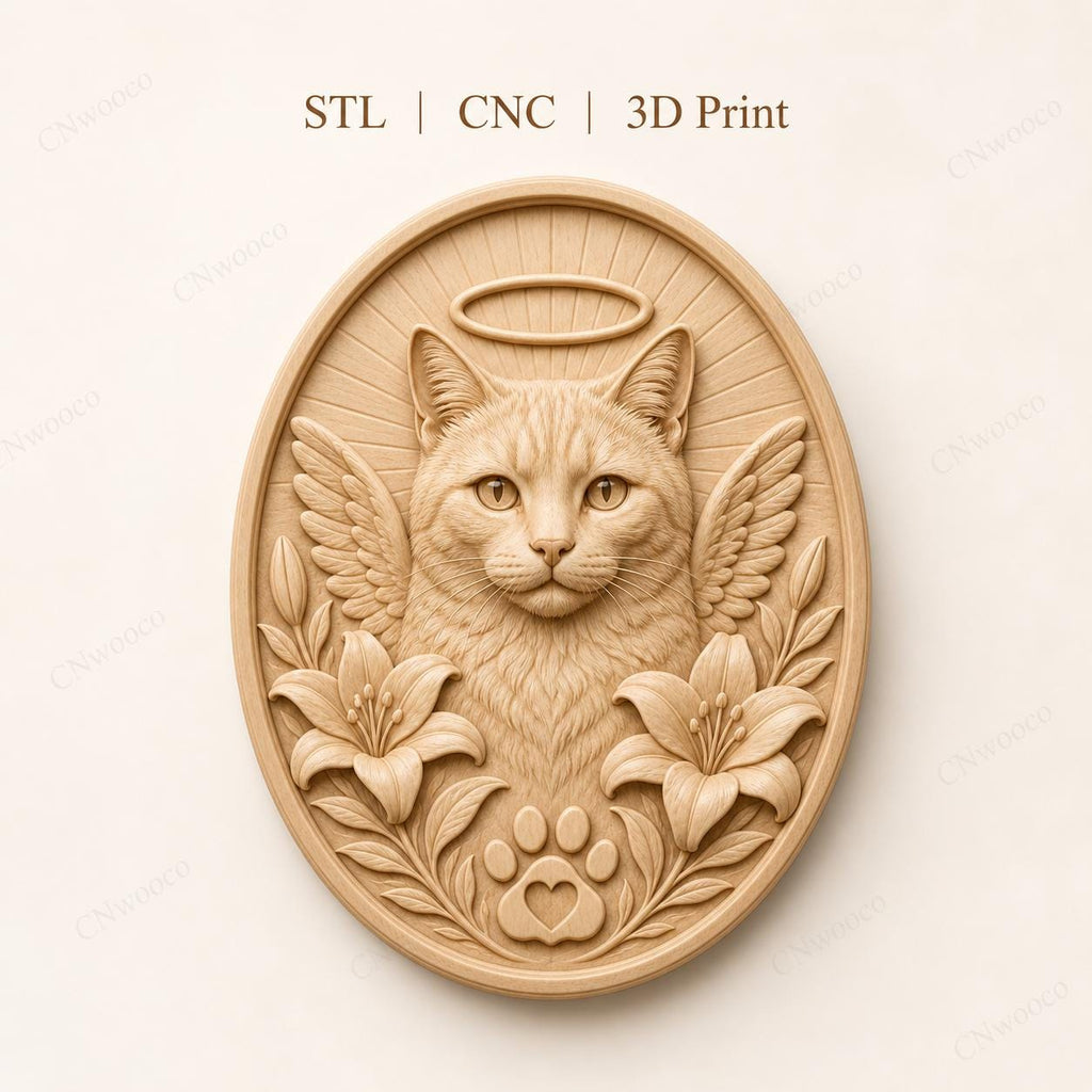 CNC & impression 3D chat ange mémorial, STL haute qualité pour souvenir animal et sculpture bois