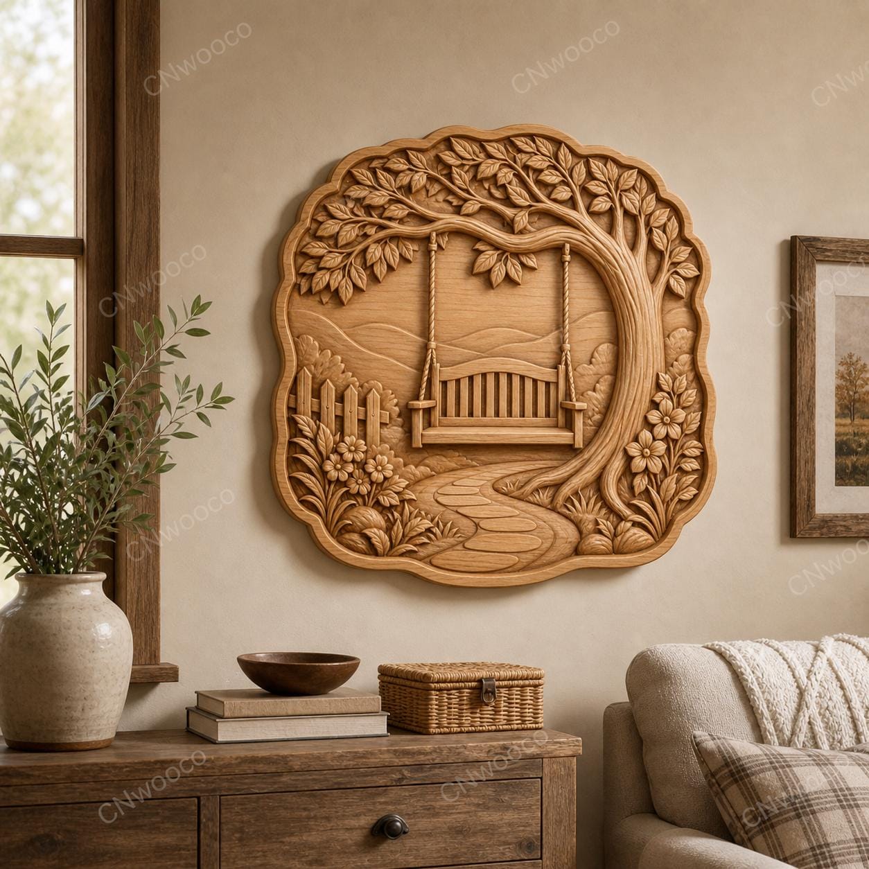 CNC- & 3D-Reliefdruck Gartenschaukel unter blühendem Baum, sehr hochwertige STL-Datei