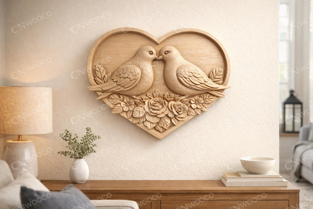 Fichier CNC cœur oiseaux amoureux – bas-relief couple romantique pour sculpture bois, décoration mariage et anniversaire STL