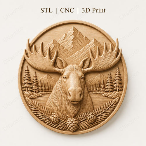 CNC & impression 3D élan moose en montagne, STL haute qualité pour sculpture bois et lodge decor