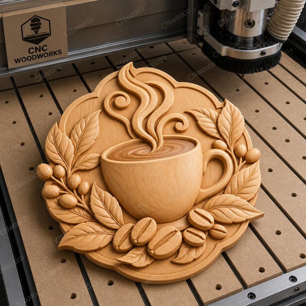 CNC & 3D-Reliefdruck Kaffeetasse mit Bohnen und Blättern, sehr hochwertige STL-Datei