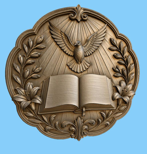 CNC & impression 3D relief colombe du Saint-Esprit avec livre ouvert, fichier STL très haute qualité