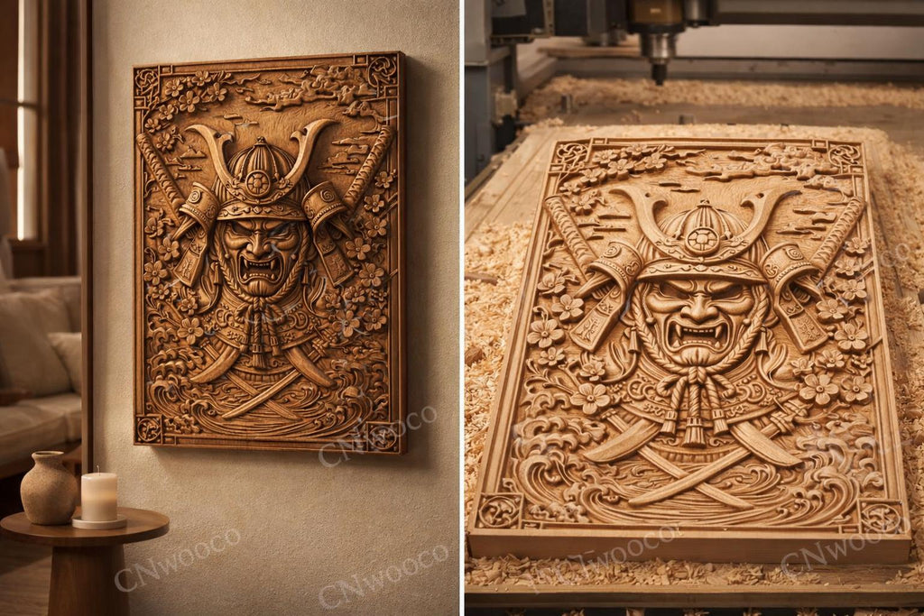 CNC-Datei Samurai-Maske, Katana-Helm, japanisches Holz-Basrelief, asiatische Wanddekoration, Schnitzplatte, 3D-Gravurmodell STL