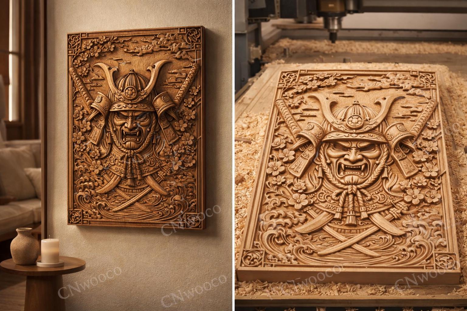 CNC-Datei Samurai-Maske, Katana-Helm, japanisches Holz-Basrelief, asiatische Wanddekoration, Schnitzplatte, 3D-Gravurmodell STL