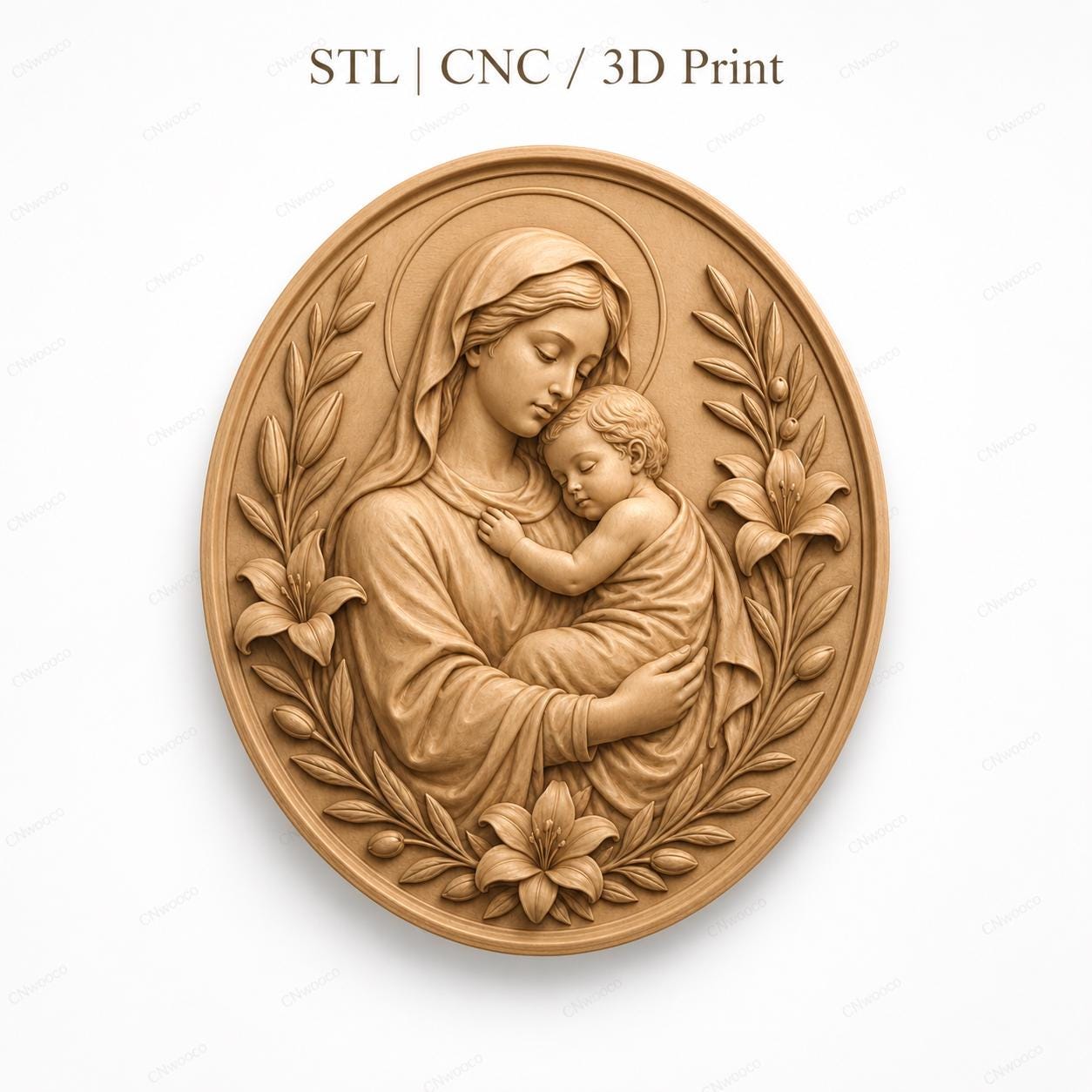 CNC & 3D-Reliefdruck Jungfrau mit Kind und Lilien, sehr hochwertige STL-Datei