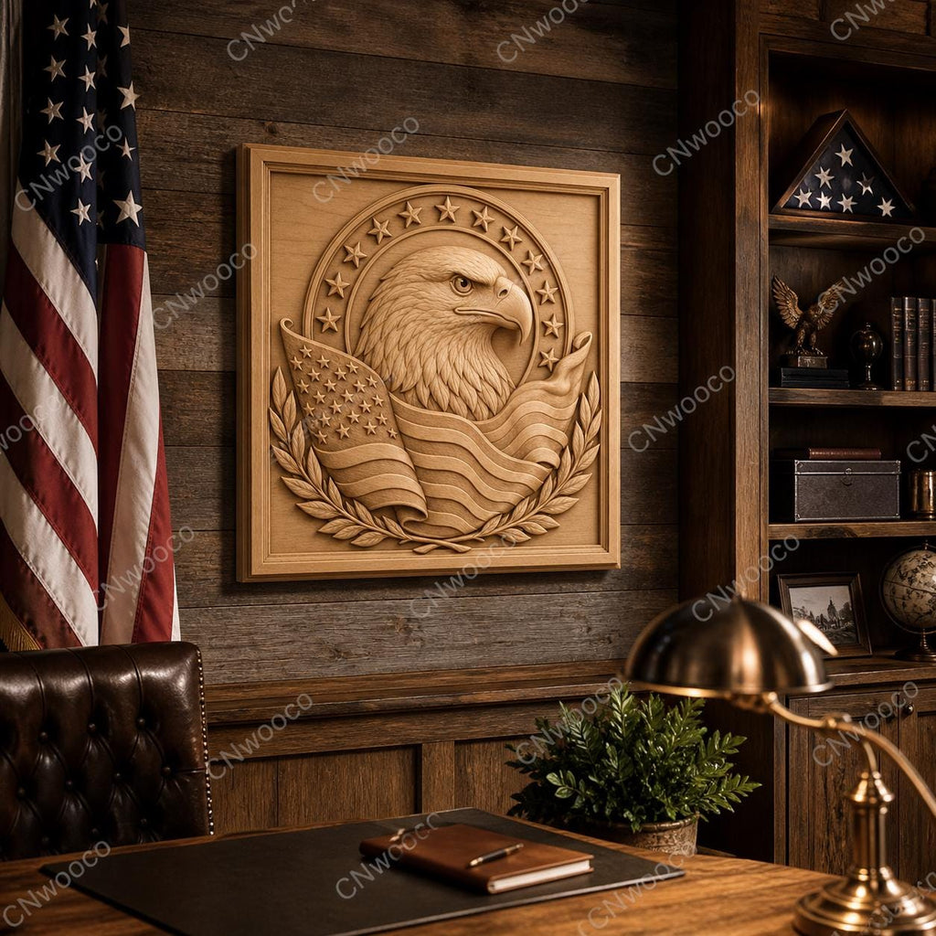 CNC & impression 3D relief aigle américain avec drapeau, décor patriotique, fichier STL très haute qualité