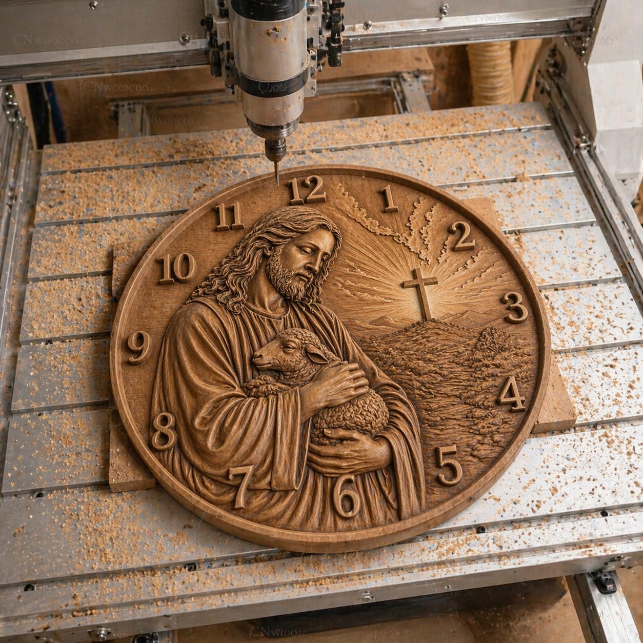Fichier CNC horloge chrétienne – bas-relief religieux pour sculpture bois, décoration murale STL