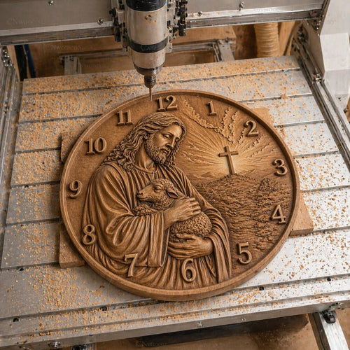 Fichier CNC horloge chrétienne – bas-relief religieux pour sculpture bois, décoration murale STL