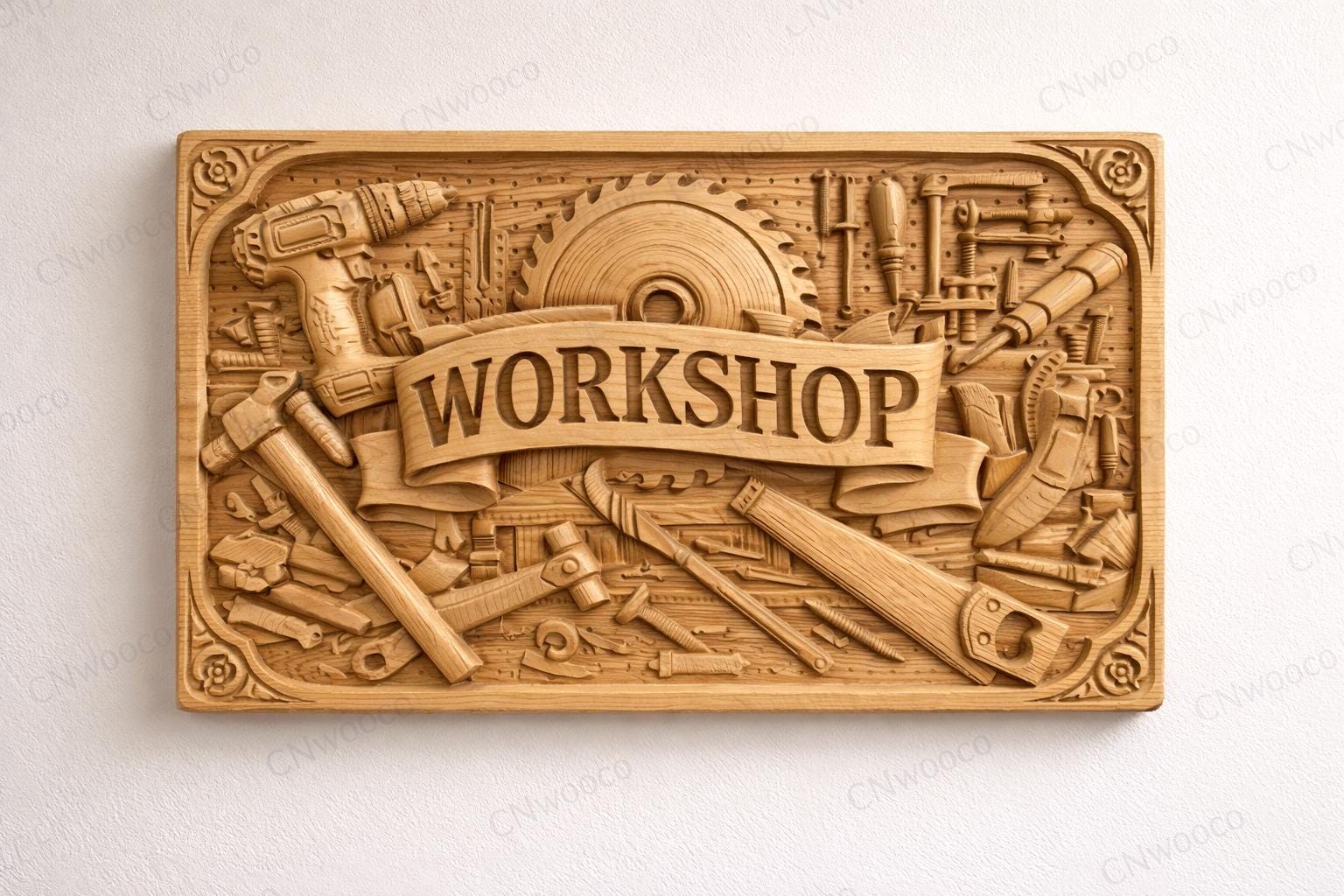 Fichier CNC panneau atelier outils menuiserie – bas-relief pour sculpture bois, décoration murale workshop STL