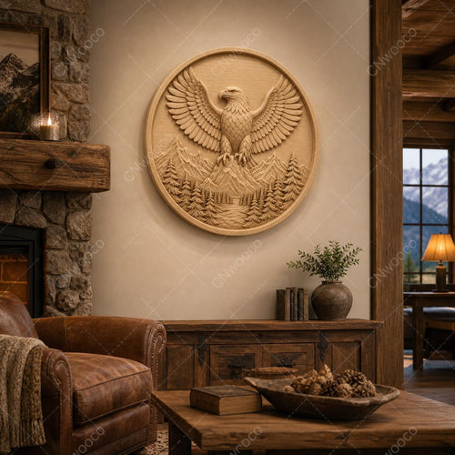 CNC & impression 3D relief aigle majestueux sur montagne, décor nature sauvage, fichier STL très haute qualité