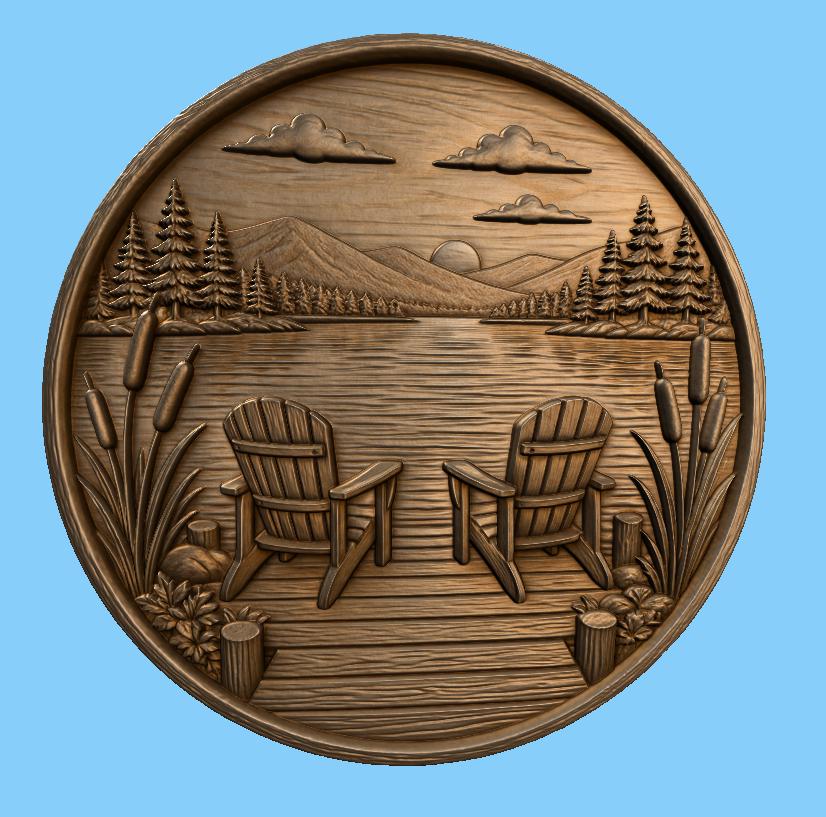 CNC & impression 3D relief lac avec chaises Adirondack, décoration chalet nature, fichier STL très haute qualité