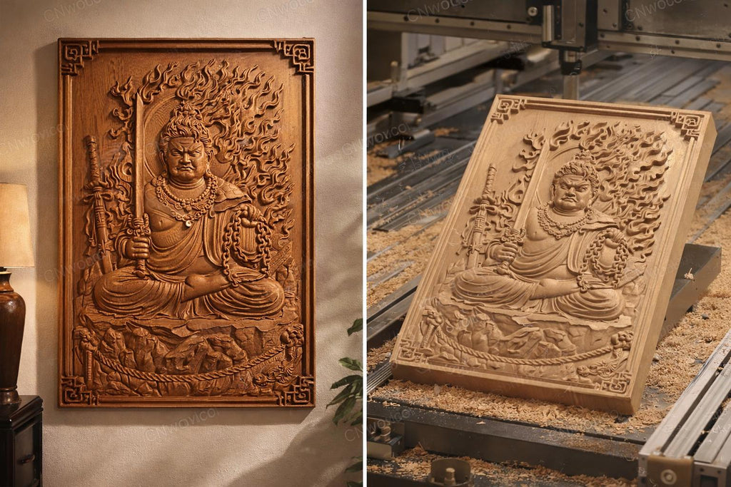 CNC-Datei Fudo Myoo Statue, japanisches buddhistisches Holzrelief, spirituelle Wanddekoration, Schutzpanel, 3D-Gravur-STL-Modell