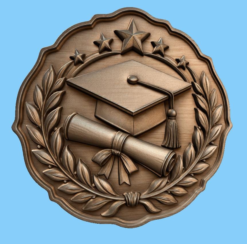 CNC & impression 3D diplôme graduation avec toque, parchemin et couronne, fichier STL