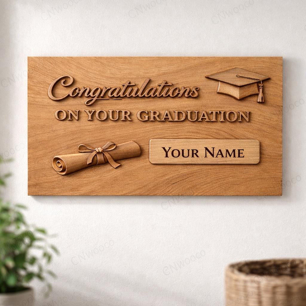 Fichier CNC & impression 3D panneau félicitations diplôme personnalisable – bas-relief pour sculpture bois, décoration murale STL