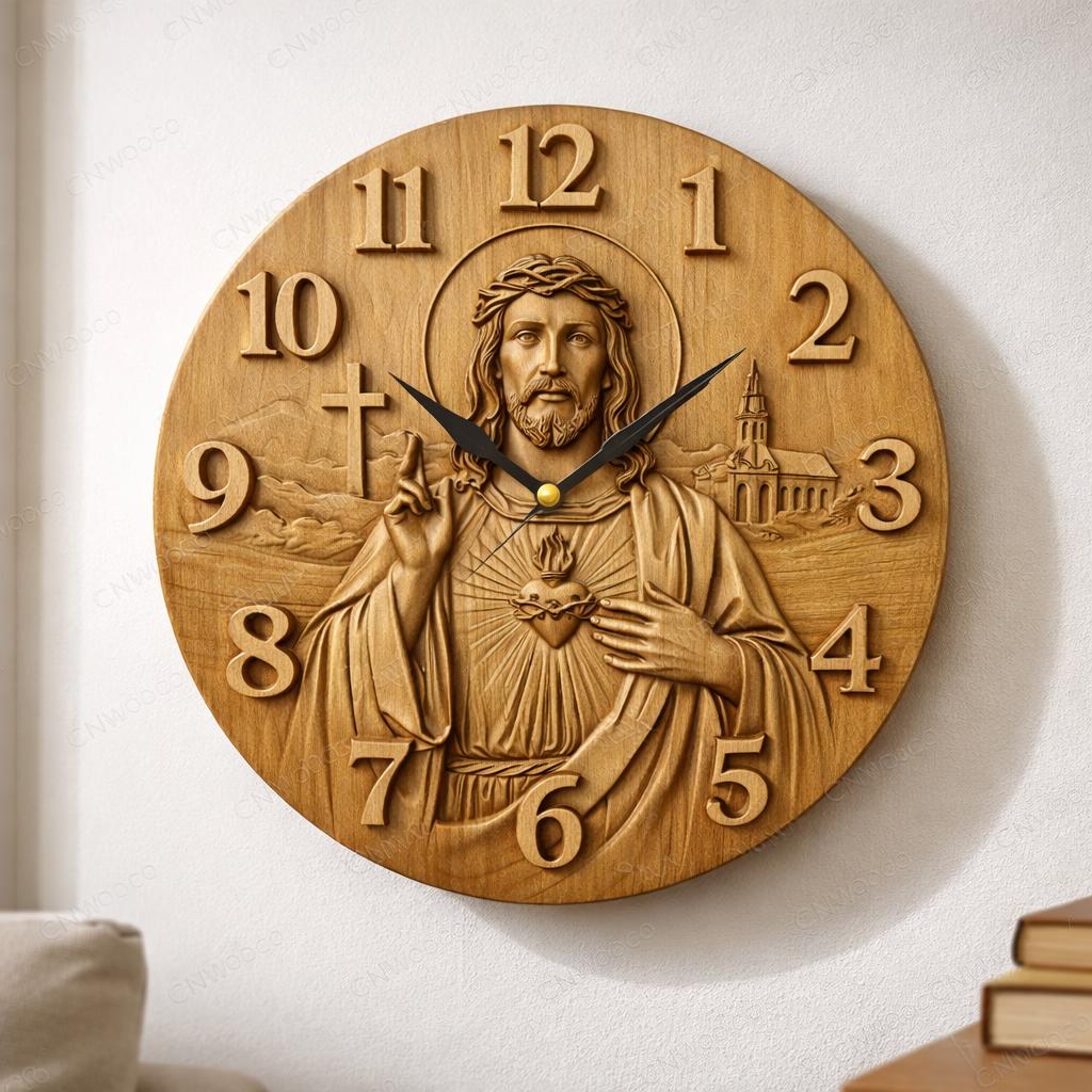 Fichier CNC horloge Jésus Sacré-Cœur – bas-relief chrétien pour sculpture bois, décoration murale religieuse STL