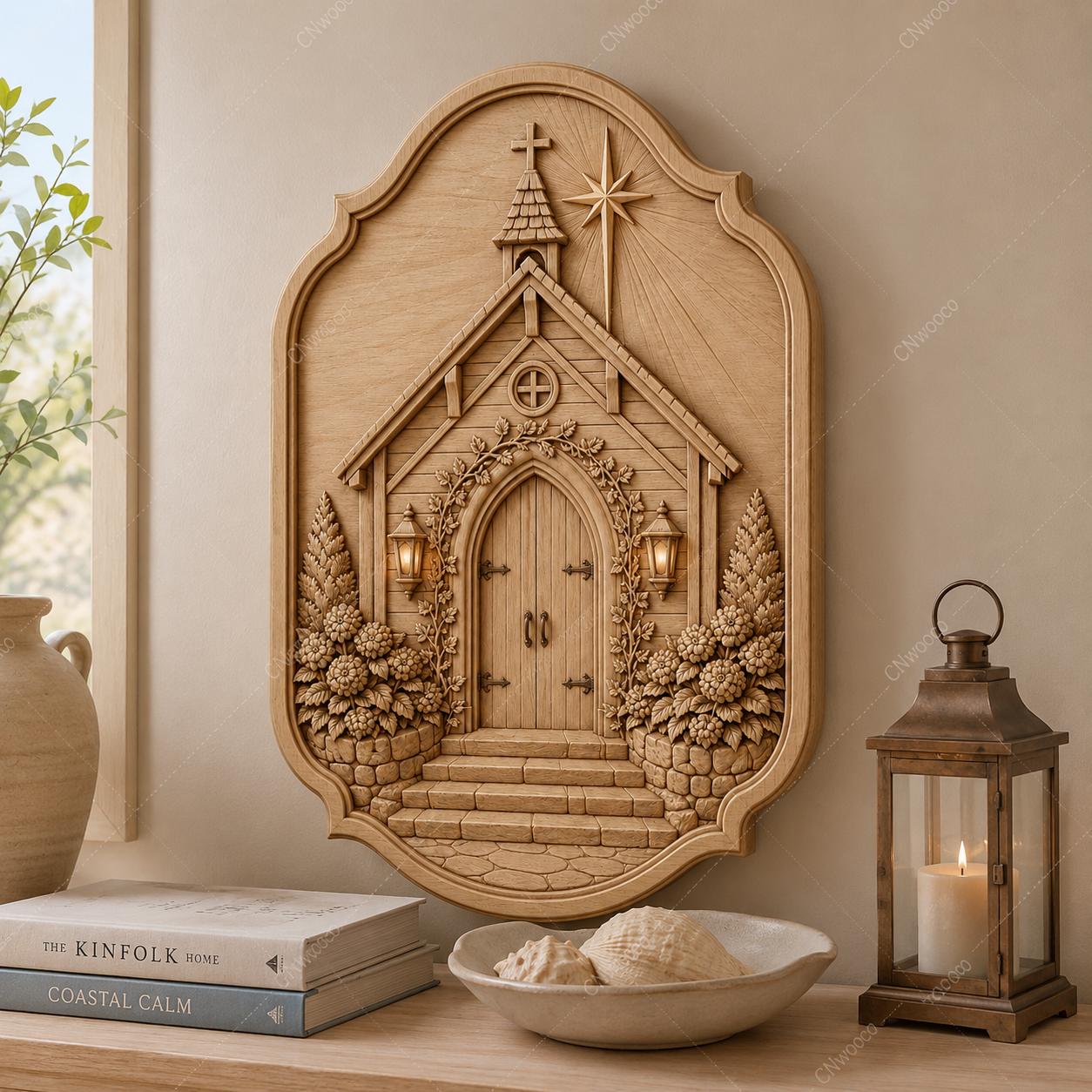 CNC & impression 3D relief chapelle fleurie avec porte gothique, fichier STL très haute qualité