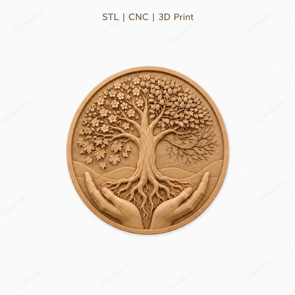 CNC & impression 3D arbre de vie tenu par des mains, fichier STL très haute qualité