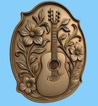CNC & impression 3D relief guitare acoustique avec fleurs, décor musique, fichier STL très haute qualité