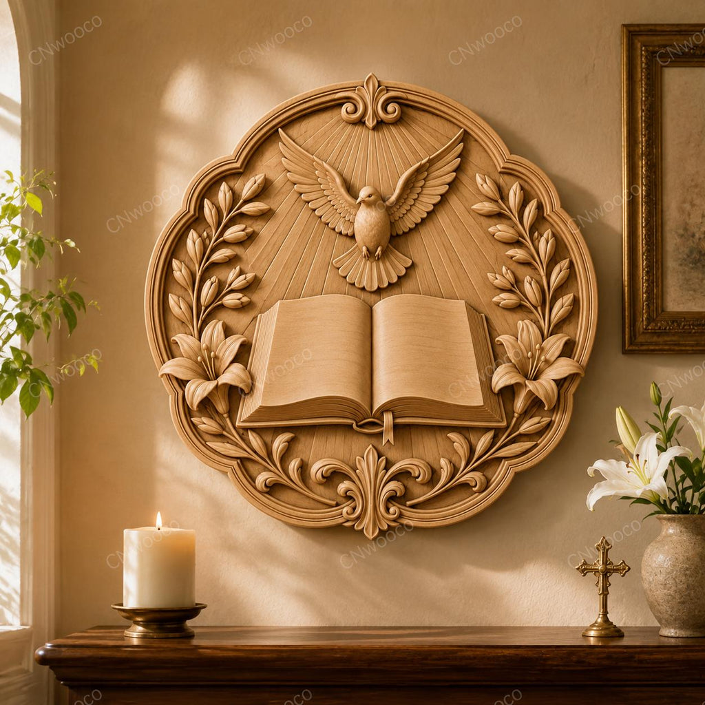 CNC & impression 3D relief colombe du Saint-Esprit avec livre ouvert, fichier STL très haute qualité