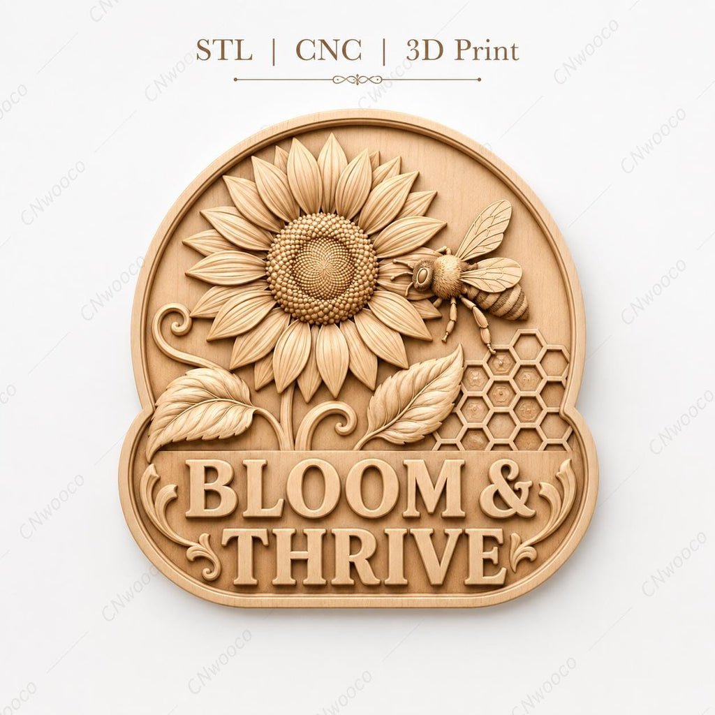 CNC- und 3D-Reliefdruck Bloom und Thrive mit Sonnenblume und Biene, dekorative Datei für Holzgravur, hochwertige STL