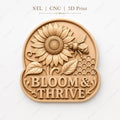 CNC- und 3D-Reliefdruck Bloom und Thrive mit Sonnenblume und Biene, dekorative Datei für Holzgravur, hochwertige STL