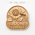 CNC- und 3D-Reliefdruck Bloom und Thrive mit Sonnenblume und Biene, dekorative Datei für Holzgravur, hochwertige STL
