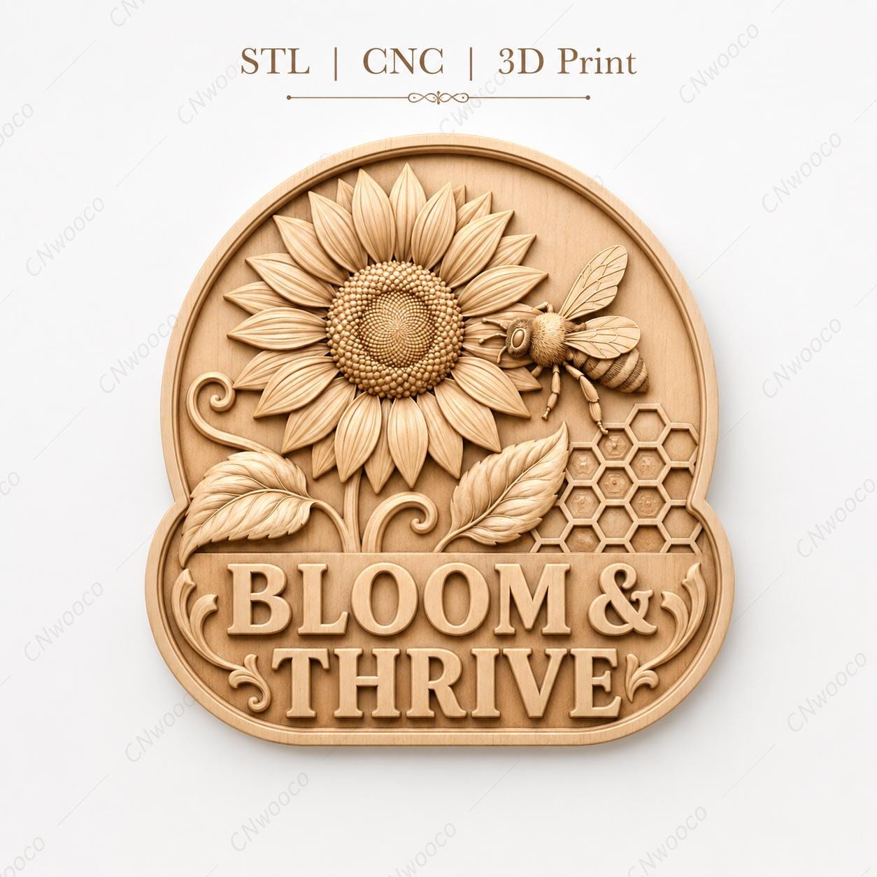 CNC- und 3D-Reliefdruck Bloom und Thrive mit Sonnenblume und Biene, dekorative Datei für Holzgravur, hochwertige STL