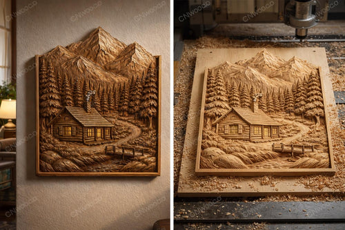 Fichier CNC chalet montagne rustique – bas-relief forêt pour sculpture bois, décoration murale paysage STL
