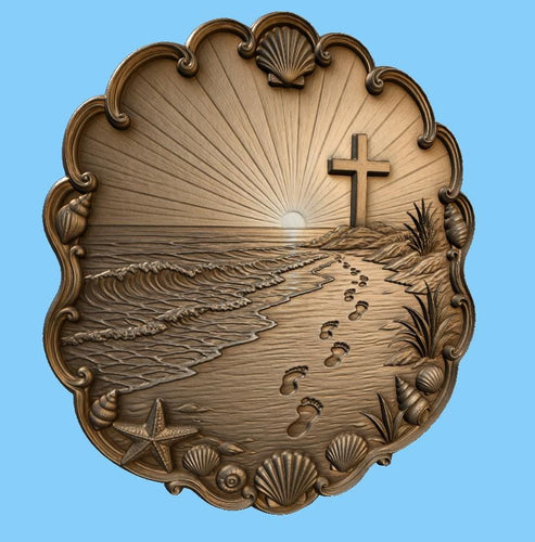 CNC & impression 3D relief plage avec croix et empreintes, fichier STL très haute qualité