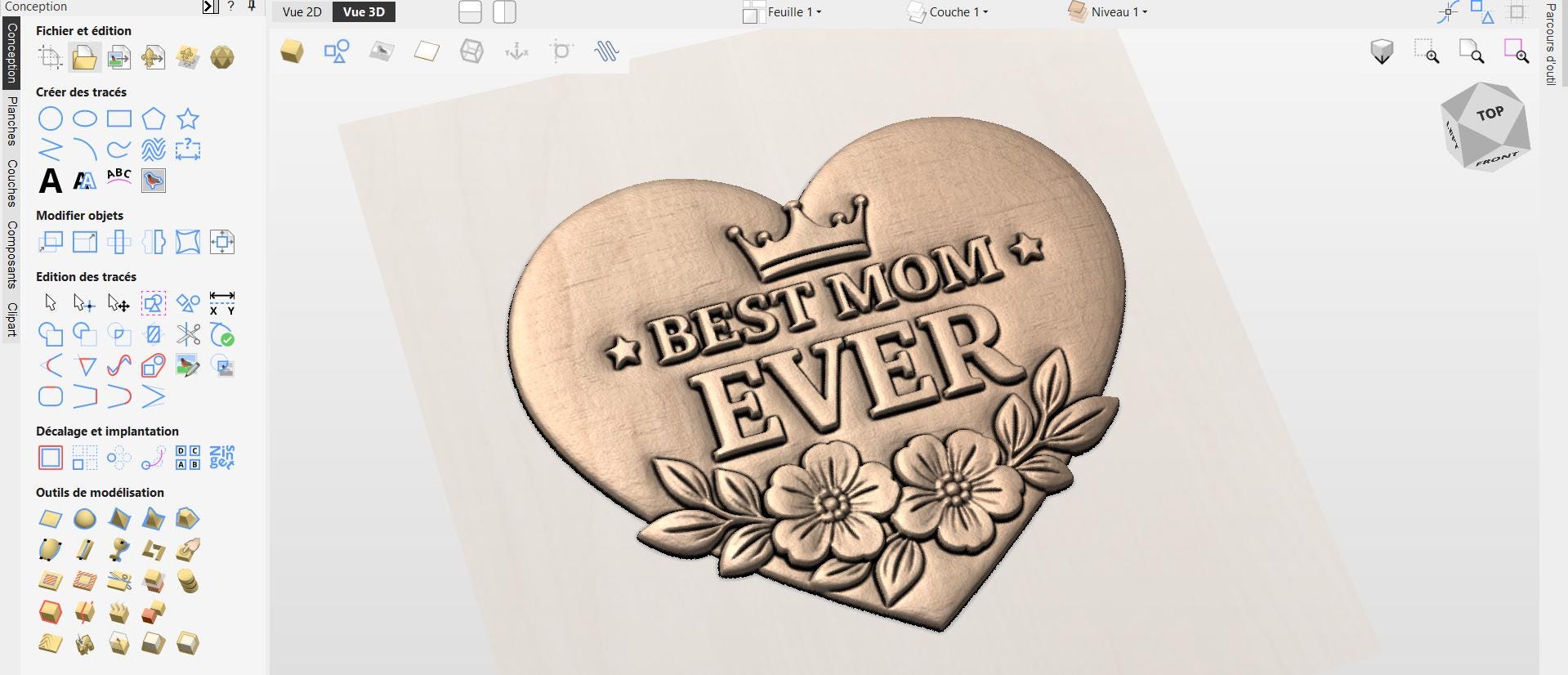 Fichier CNC & impression 3D panneau Best Mom Ever cœur floral – bas-relief bois pour cadeau fête des mères, décoration murale STL
