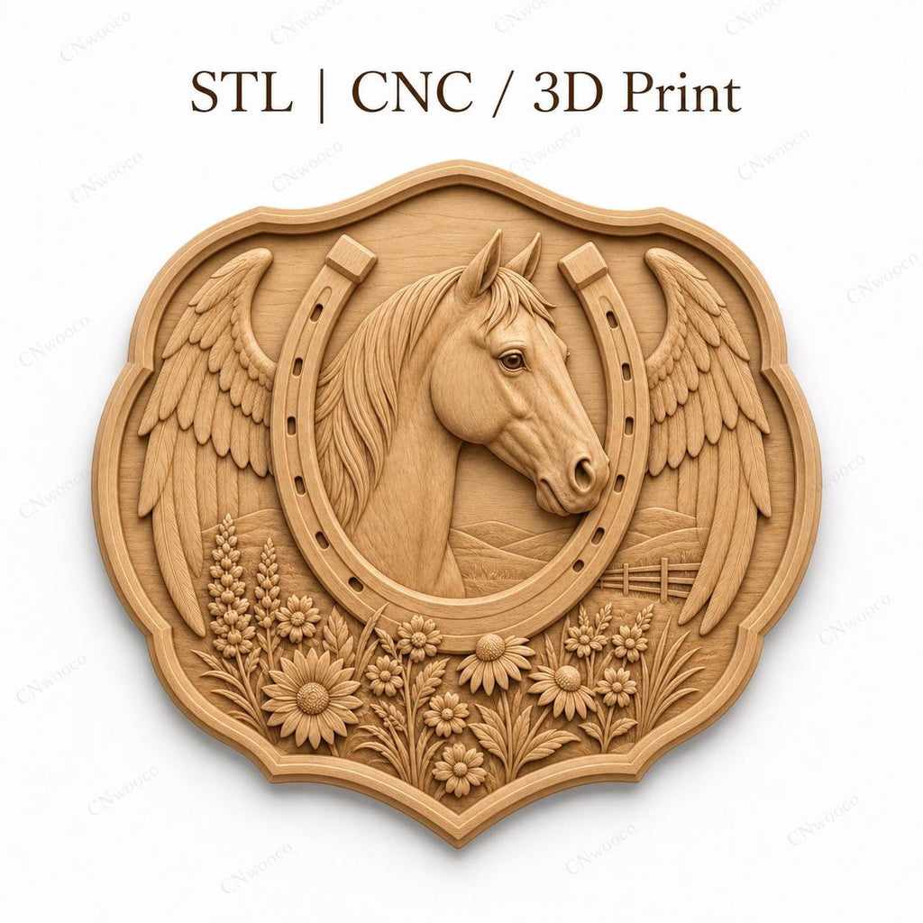 CNC & impression 3D relief cheval avec fer à cheval, ailes et fleurs, fichier STL très haute qualité