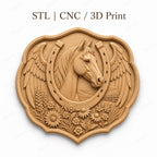 CNC & impression 3D relief cheval avec fer à cheval, ailes et fleurs, fichier STL très haute qualité