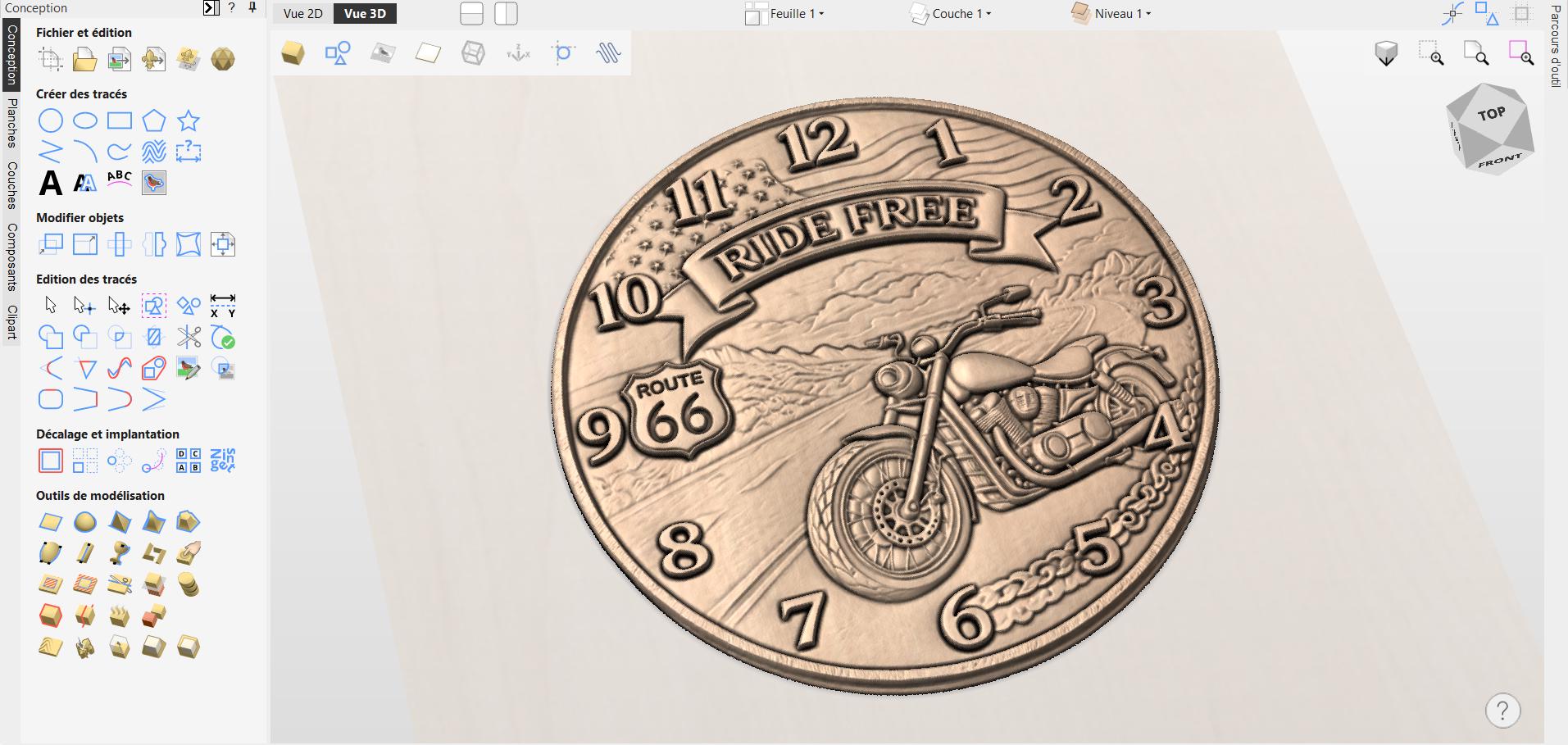 Fichier CNC horloge moto Route 66 – bas-relief biker pour sculpture bois, décoration murale garage STL