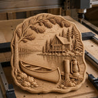 CNC & impression 3D chalet au bord du lac avec canoë, fichier STL très haute qualité