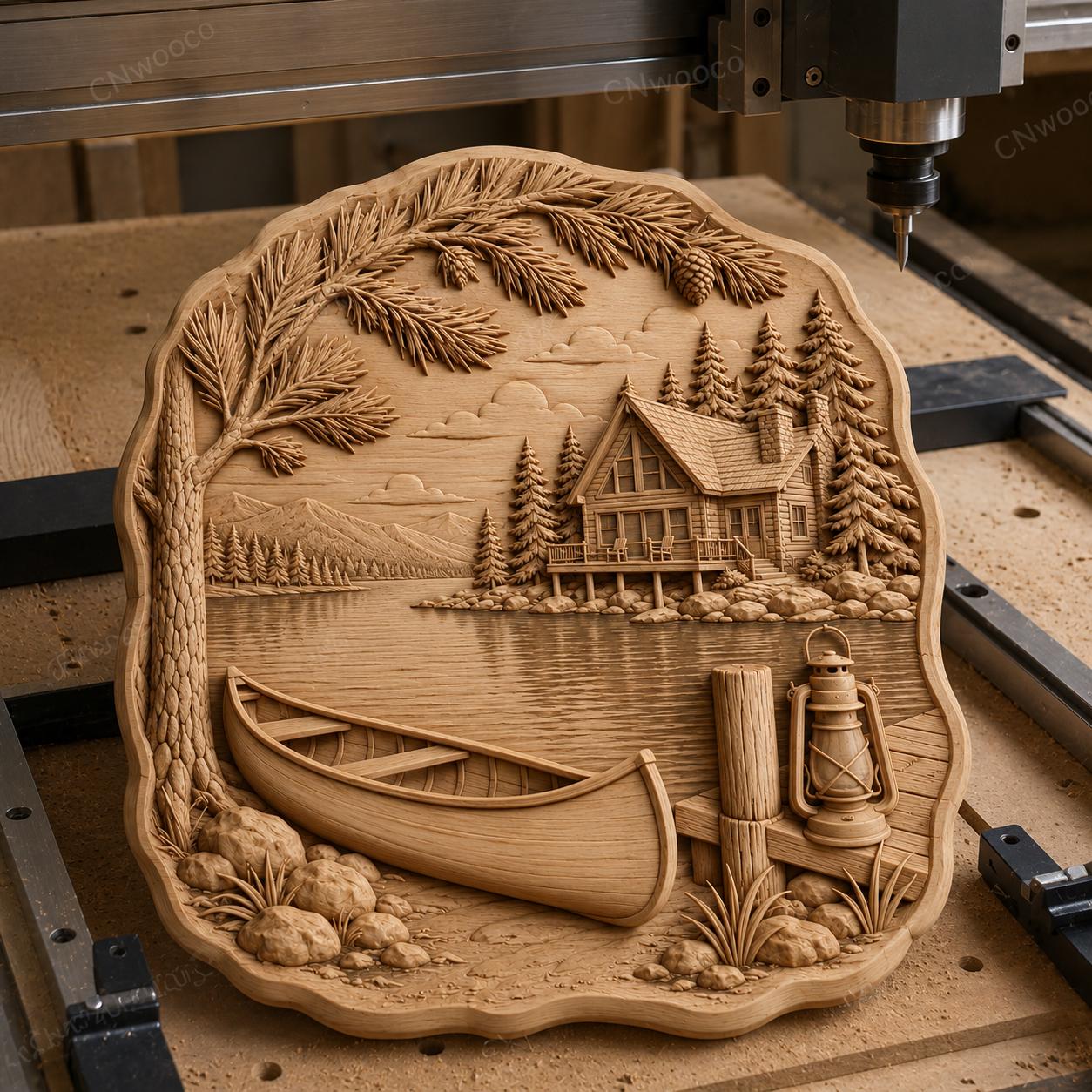 CNC & impression 3D chalet au bord du lac avec canoë, fichier STL très haute qualité
