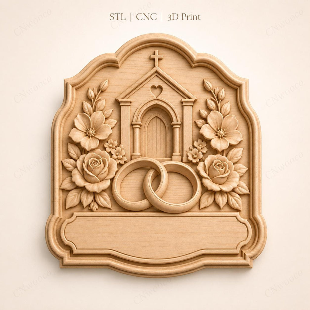 CNC & impression 3D relief mariage avec église et alliances, plaque wedding pour gravure bois, STL de haute qualité, à personnaliser