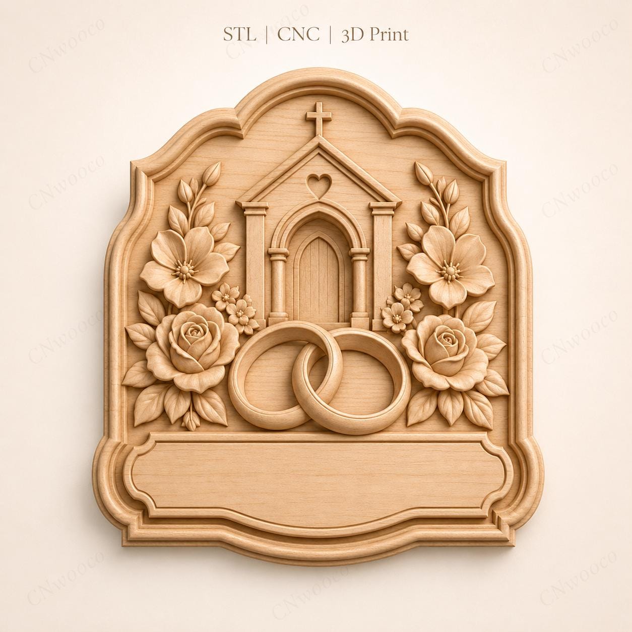 CNC & impression 3D relief mariage avec église et alliances, plaque wedding pour gravure bois, STL de haute qualité, à personnaliser