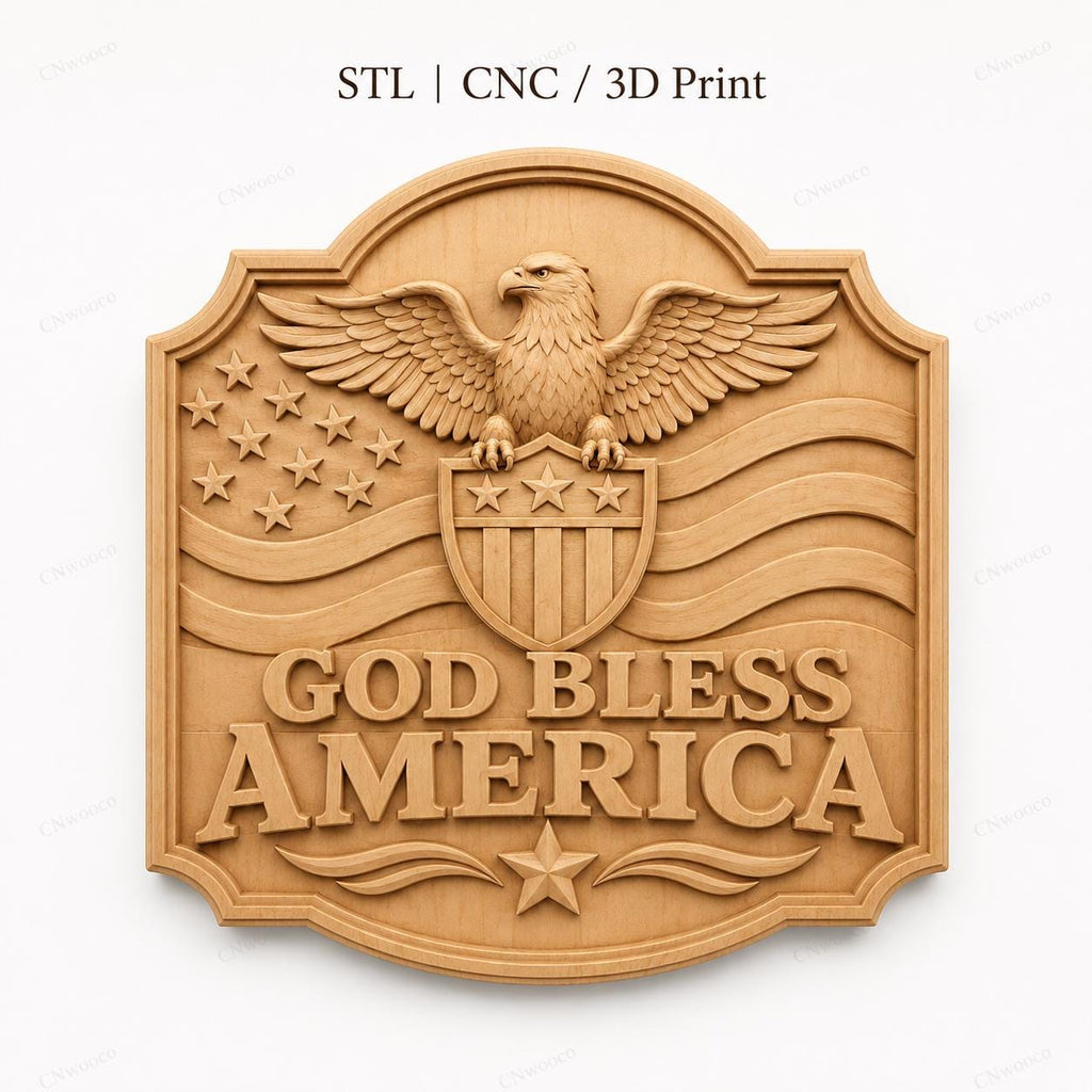 CNC & impression 3D relief God Bless America avec aigle, fichier STL très haute qualité