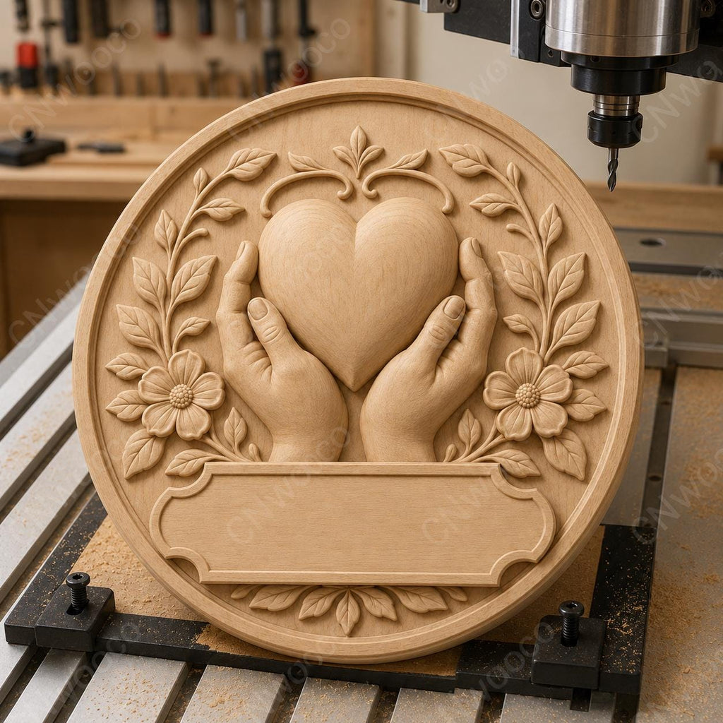 CNC & impression 3D relief mains tenant un cœur, fichier pour gravure bois, STL de haute qualité, à personnaliser